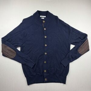 Peter Millar Mens Navy Blue Wool Cashmere Cardigan Sweater Elbow Patches Size M